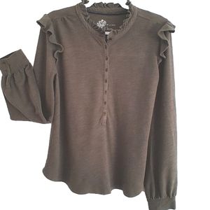 Pilcro Henley Tee shirt/ Anthropologie long slv Kaki Green Ruffled detai…